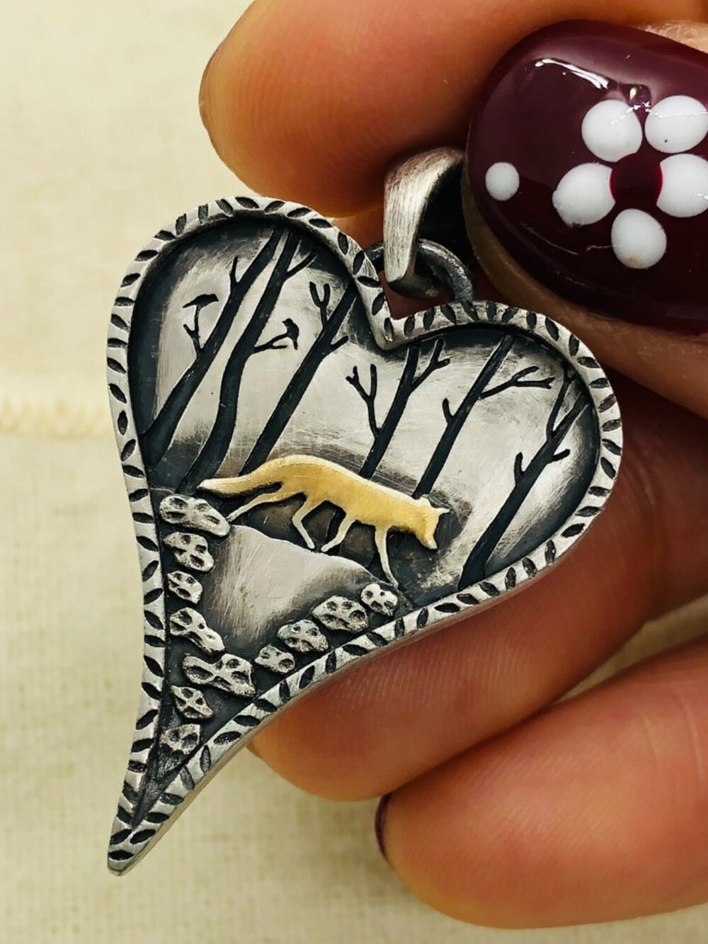 Fox Heart Pendant, Woodland Fox Charm, Two Tone Forest Necklace Pendant
